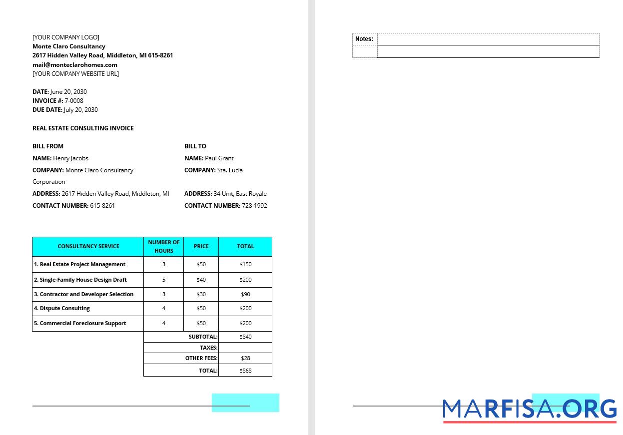 Realistic Real Estate Consulting Invoice Template